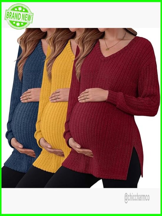 Tops - 3-Pack Maternity Sweaters, Long Sleeve V-Neck Tops with Side Split